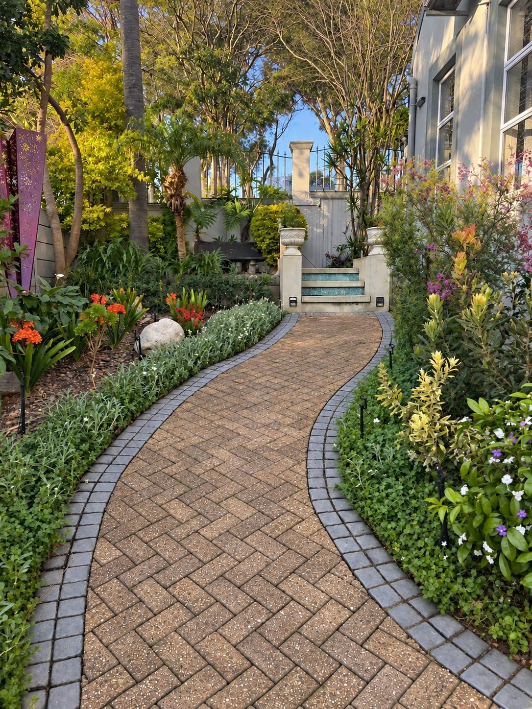 A garden pathway opening between trees, in soft morning light.